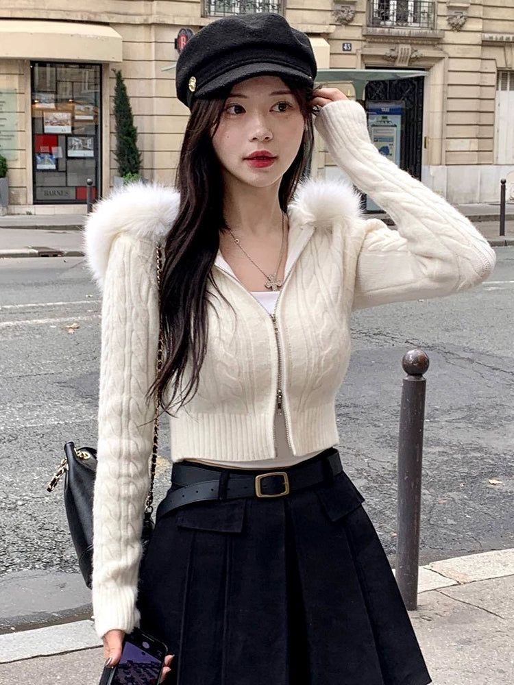 ファーフードジップニットトップス