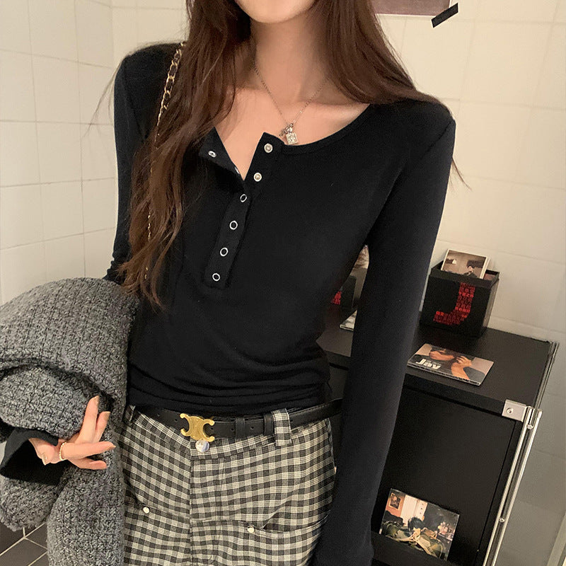 ハーフボタンラウンドネックロングTシャツ