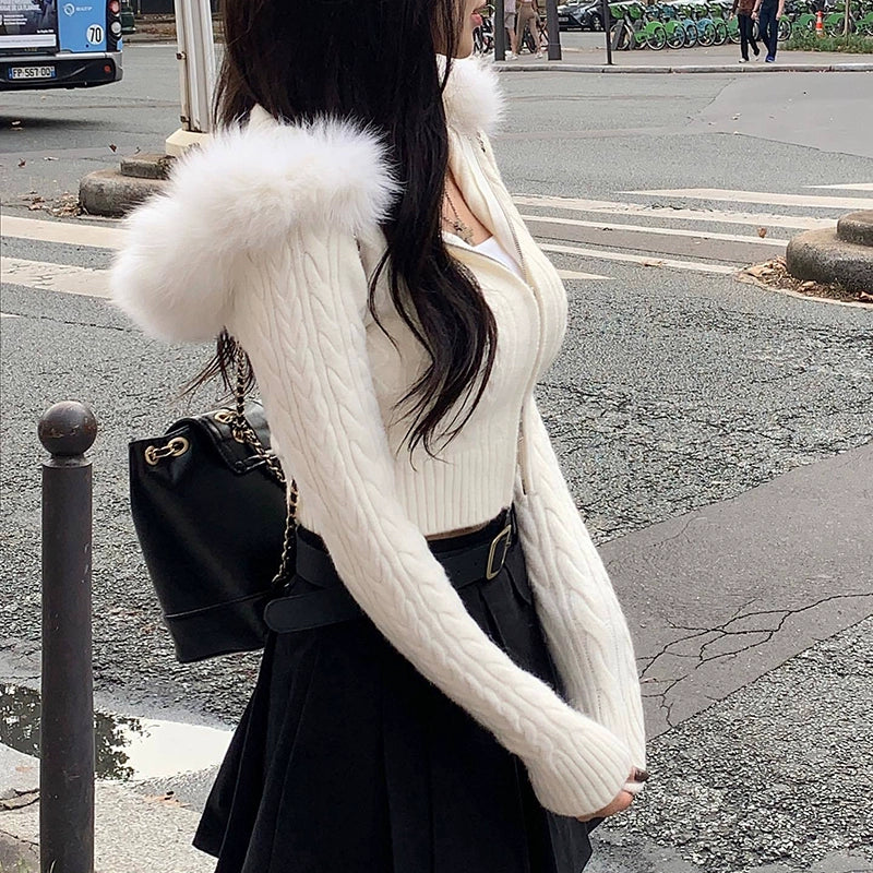 ファーフードジップニットトップス