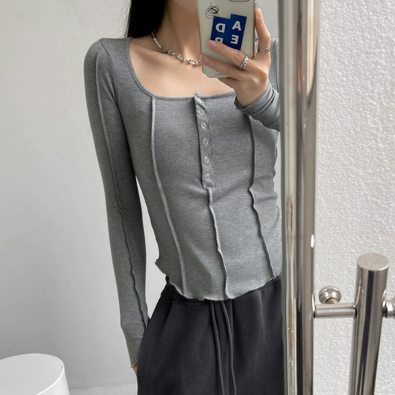 Uネックアイレットリブカットソー
