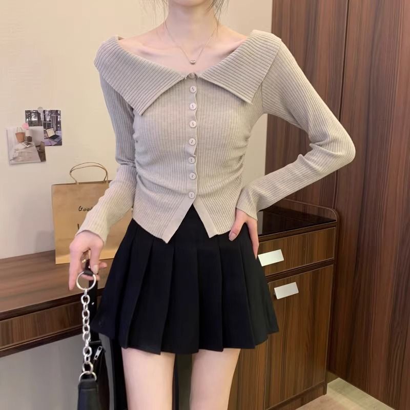 リブオフショルカラーニットトップス