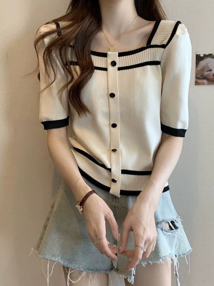 バイカラーリブデザインニット