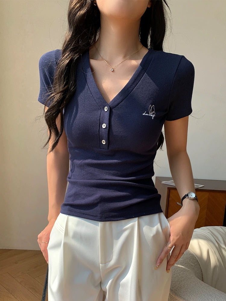 スリムフィットVネックリブTシャツ