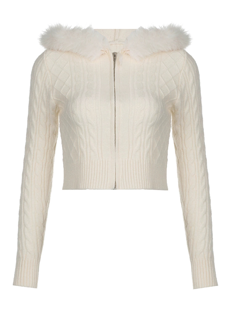 ファーフードジップニットトップス