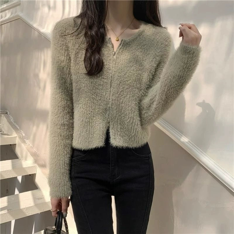 ダブルジップシャギーニットカーディガン