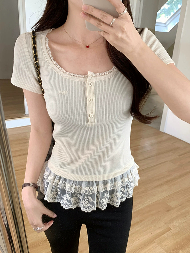 レースフリルスクエアネックTシャツ