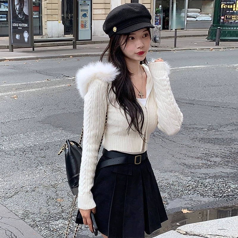 ファーフードジップニットトップス