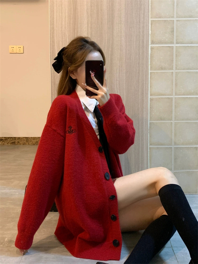 Vネックロングボタンカーディガン