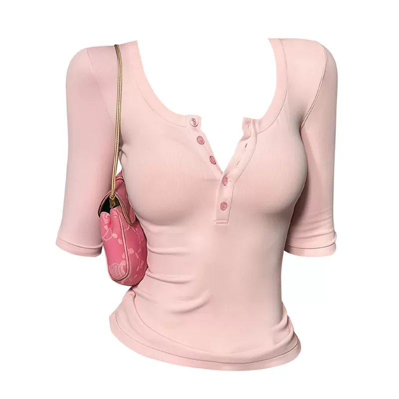 スリムヘンリーネックリブTシャツ