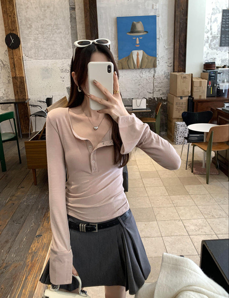 ハーフボタンラウンドネックロングTシャツ