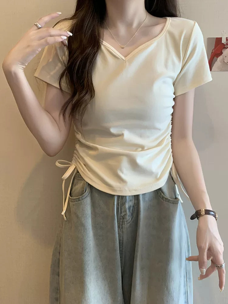 サイドギャザーVネックTシャツ