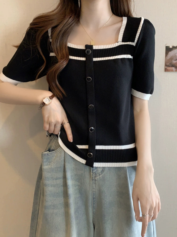 バイカラーリブデザインニット