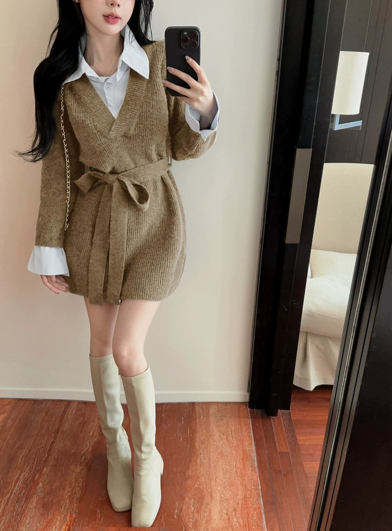 ウエストベルトプリーツニットワンピース