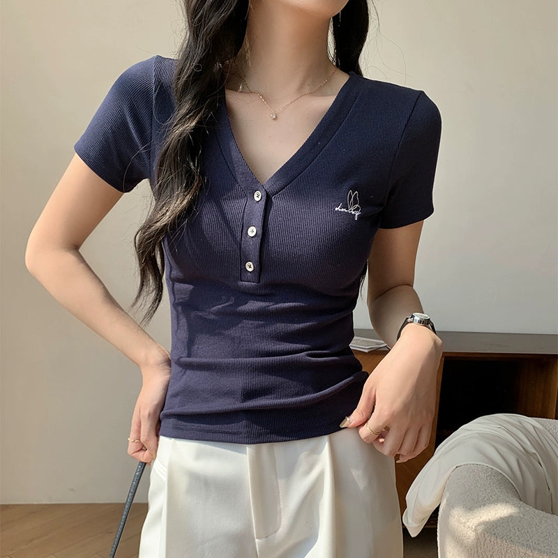 スリムフィットVネックリブTシャツ