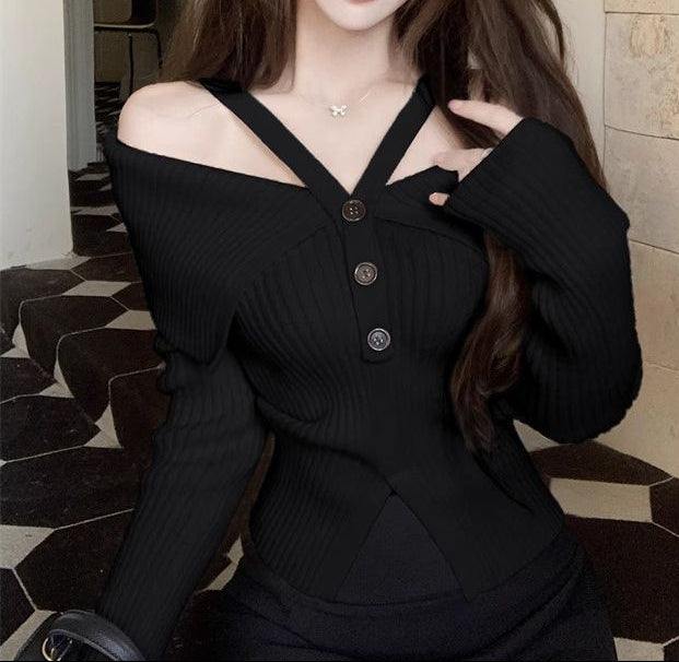 クロスストラップオフショルリブニット