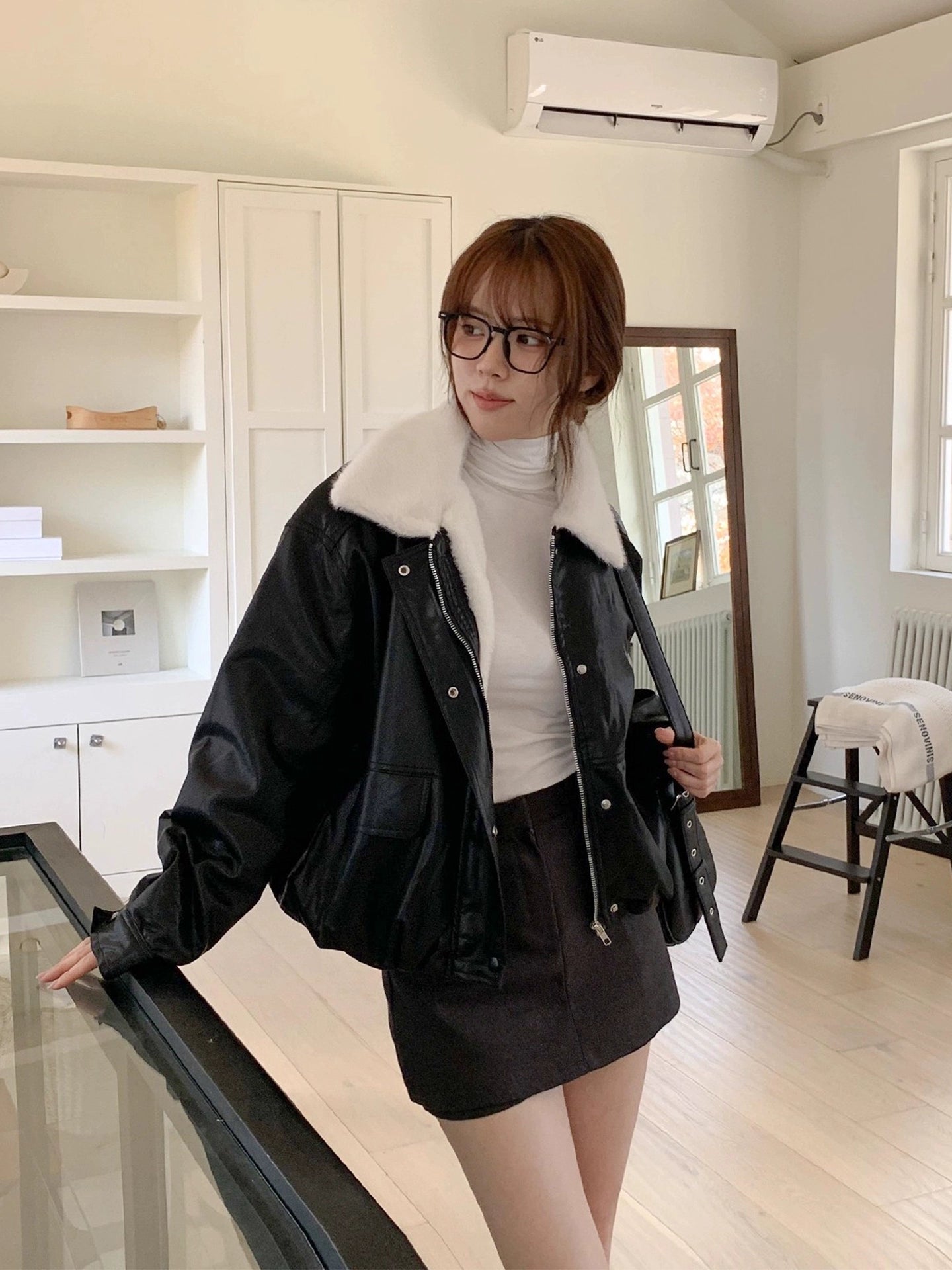 フェイクファーPUレザーショートブルゾン