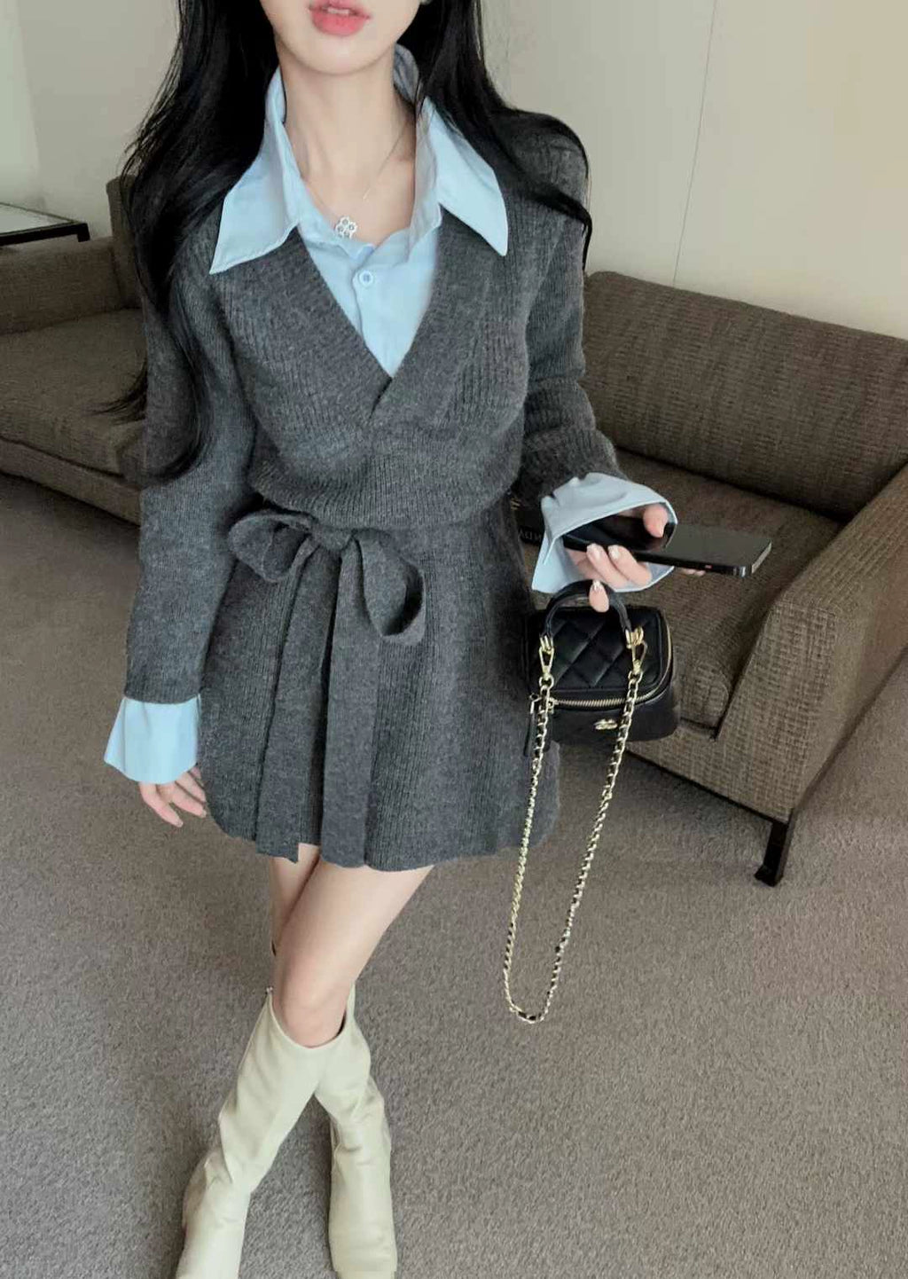 ウエストベルトプリーツニットワンピース