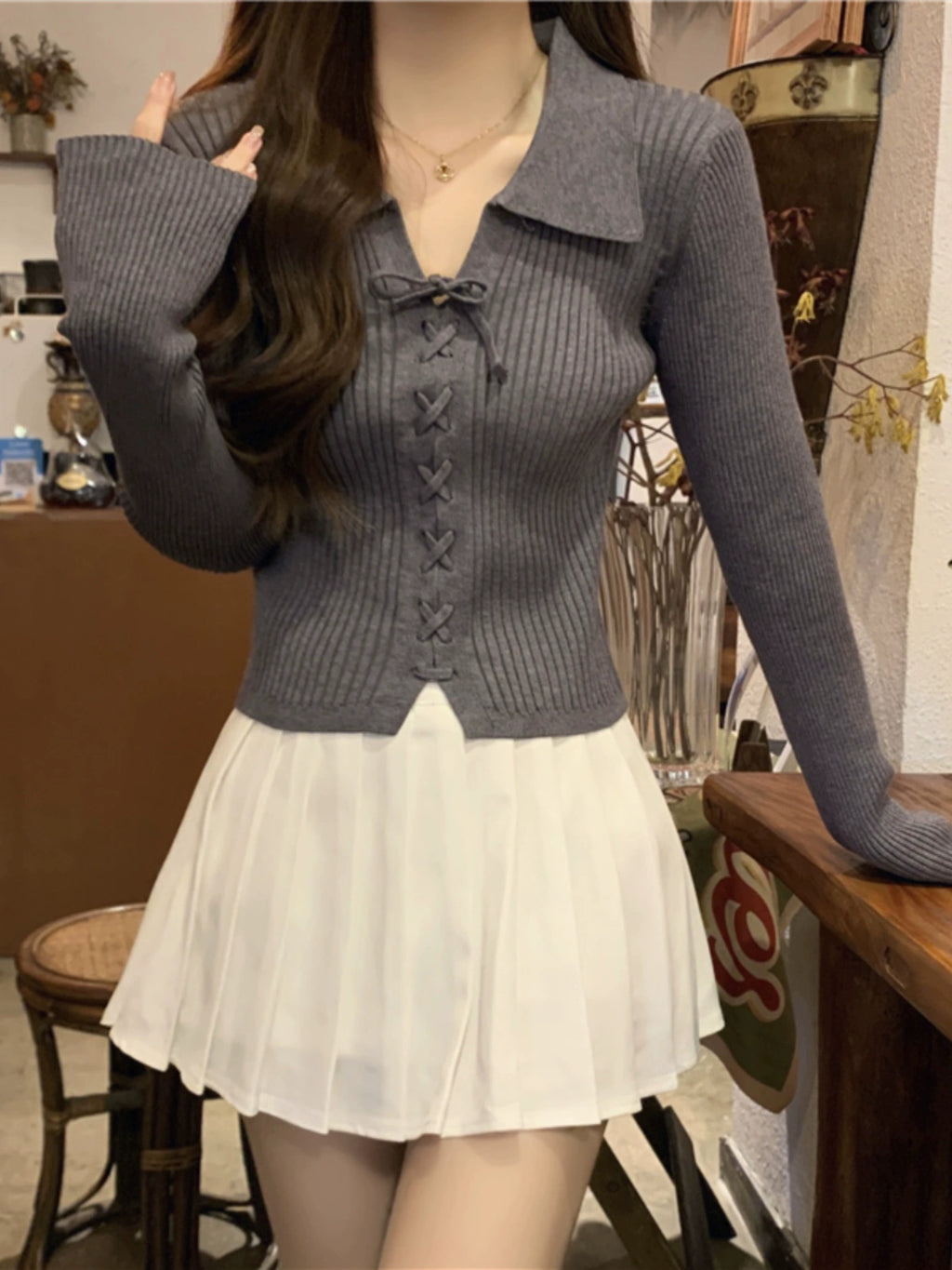 リボンデザインリブポロニット