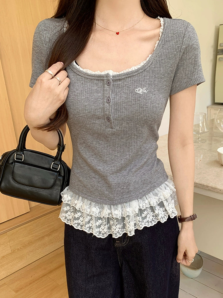 レースフリルスクエアネックTシャツ