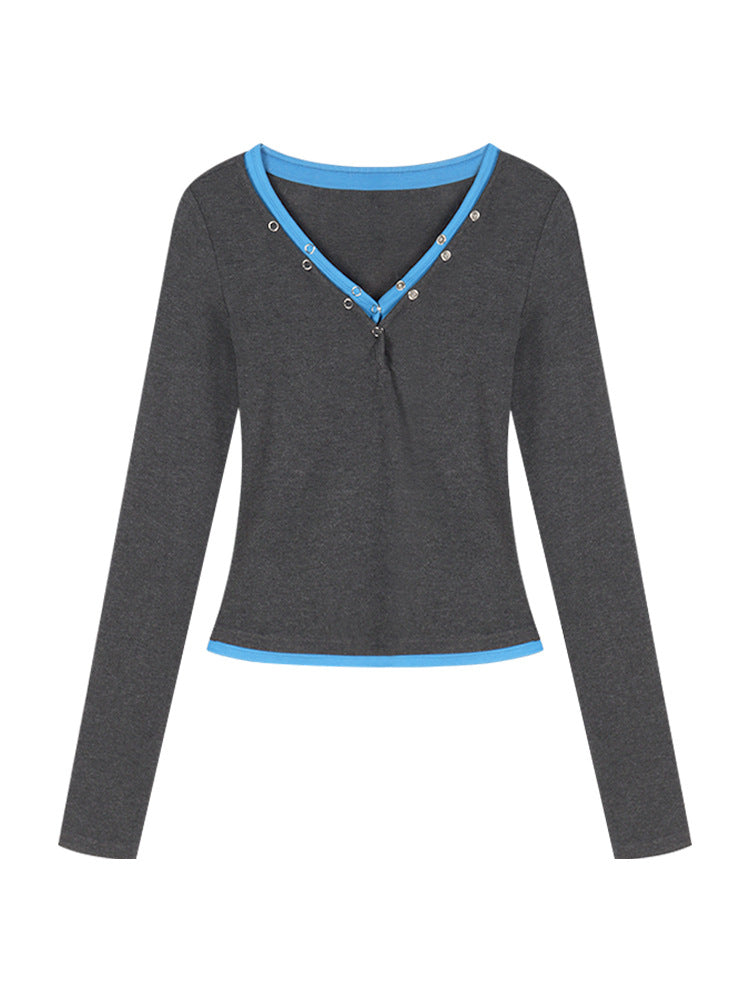 ドッキングバイカラーヘンリーネックリブトップス