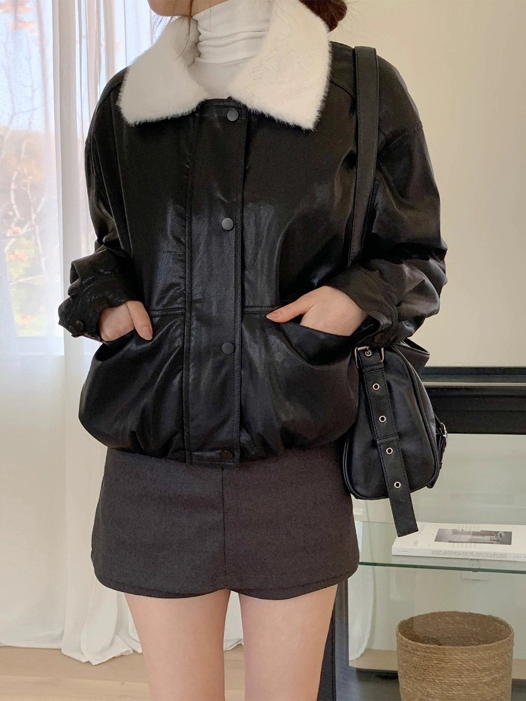 フェイクファーPUレザーショートブルゾン