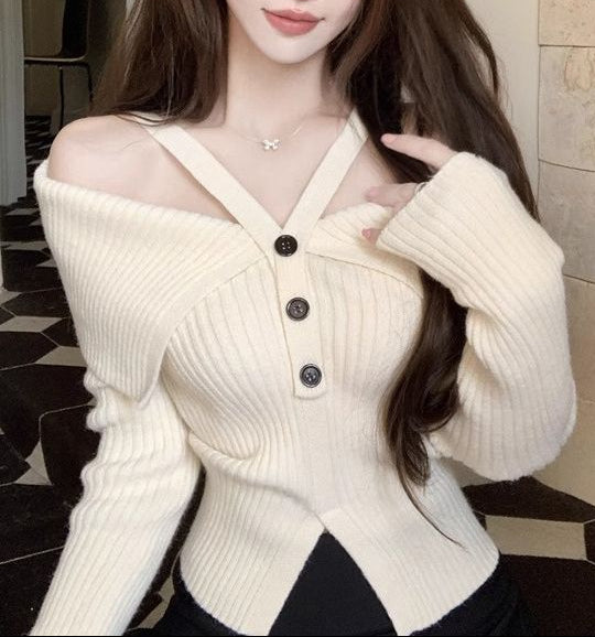 クロスストラップオフショルリブニット