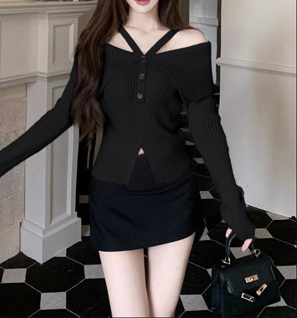 クロスストラップオフショルリブニット