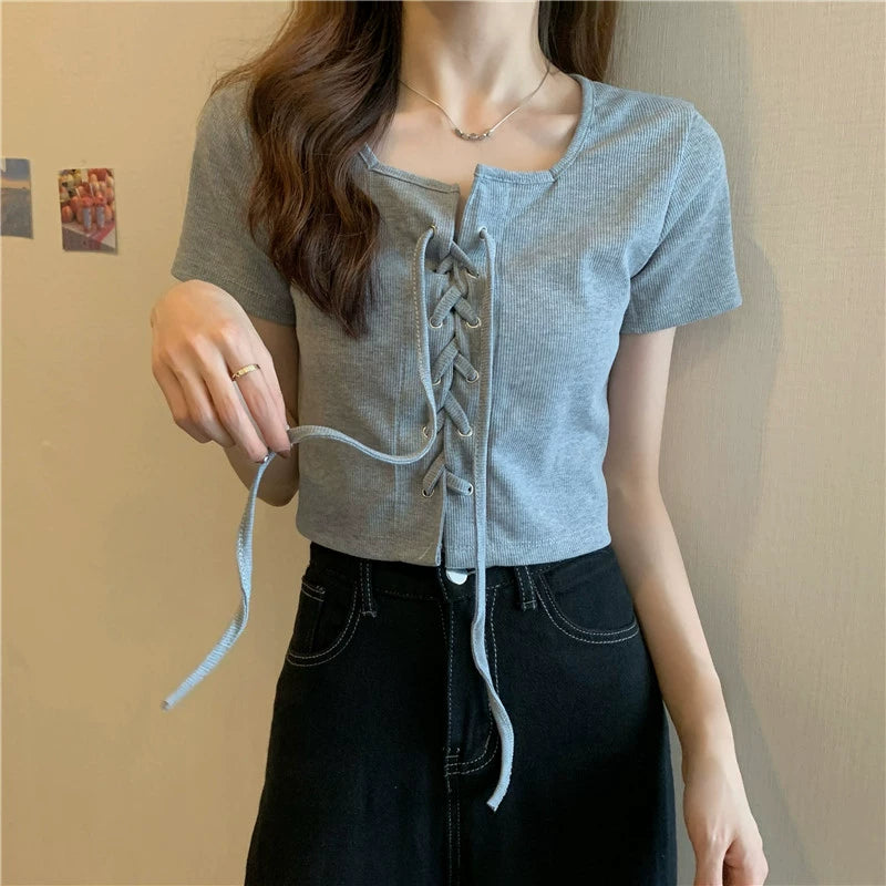 スクエアネックフレンチクロップドTシャツ