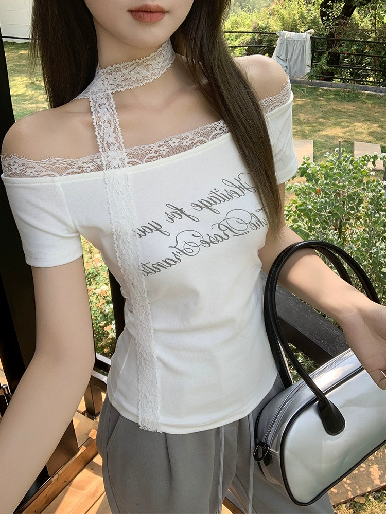 レースオフショルダーレタートップス