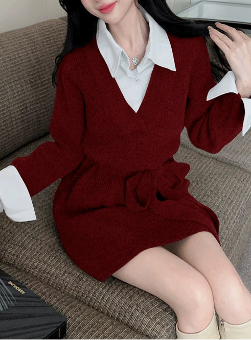 ウエストベルトプリーツニットワンピース