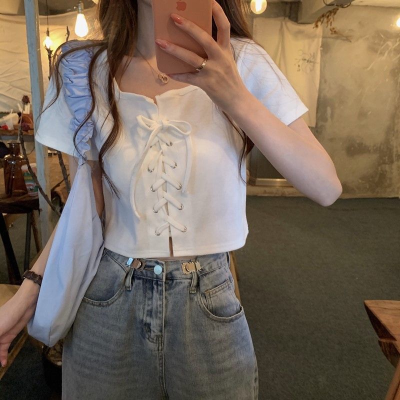 レースアップスクエアネックフィットTシャツ