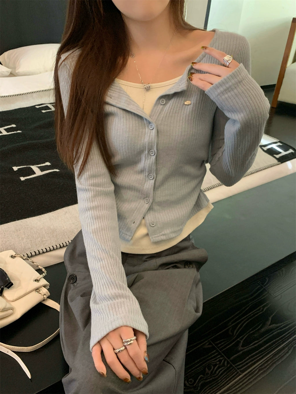 レイヤードリブロングTシャツ
