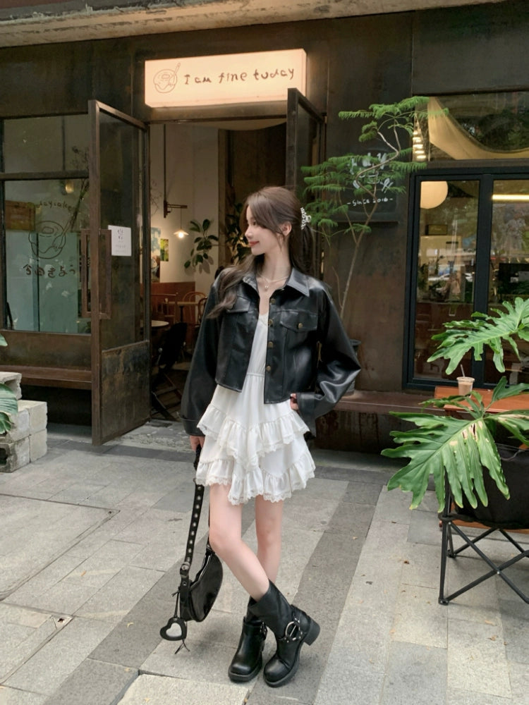 クロップドフェイクレザージャケット