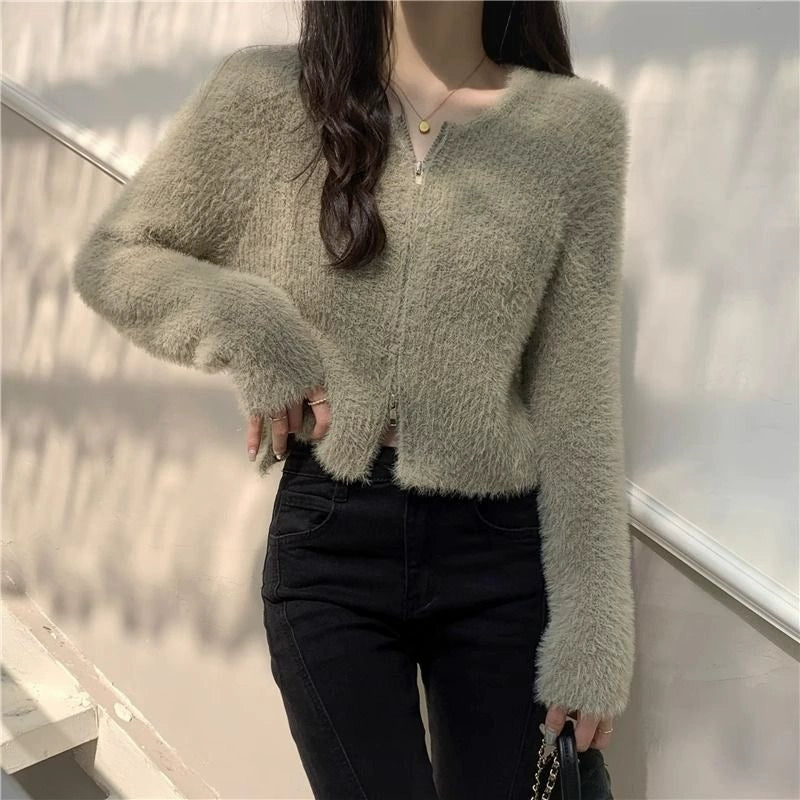 ダブルジップシャギーニットカーディガン