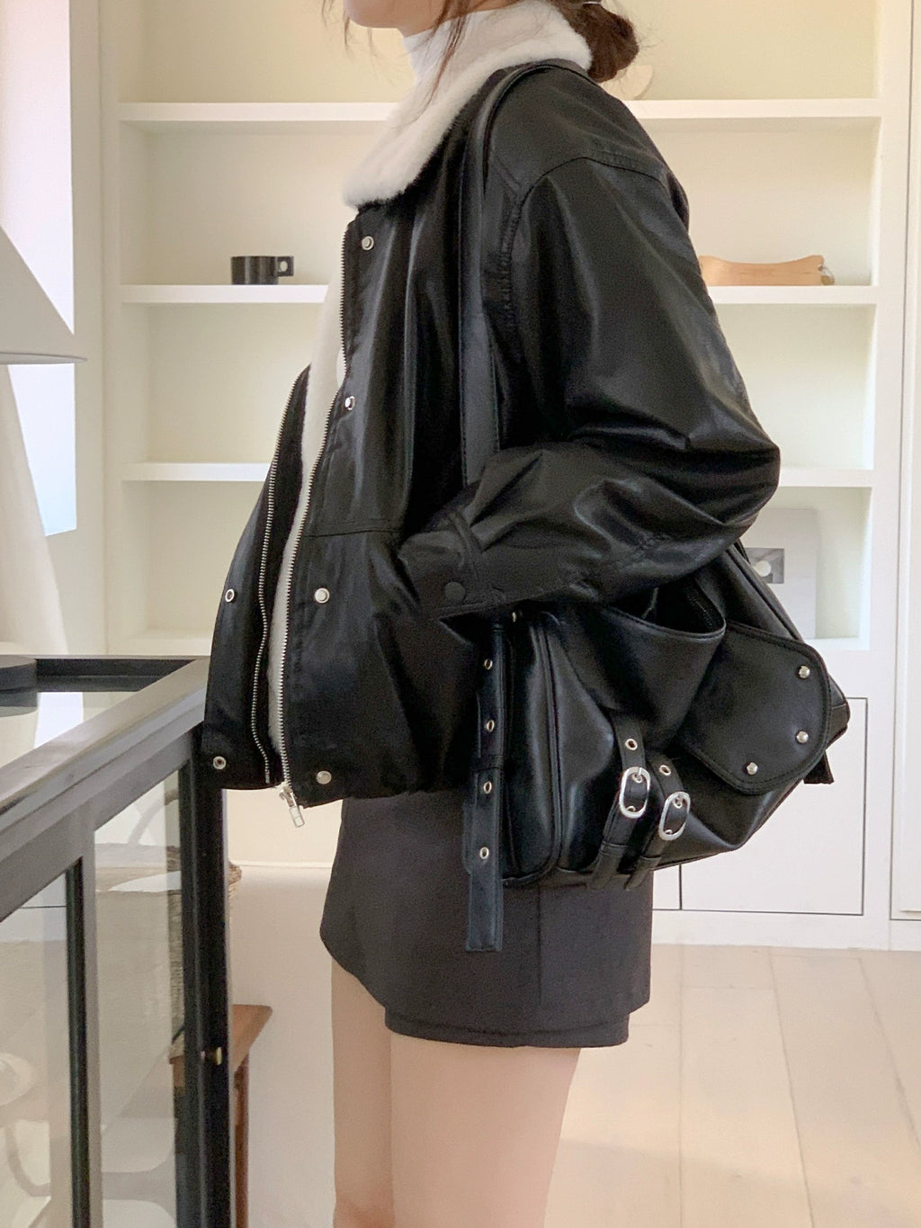 フェイクファーPUレザーショートブルゾン