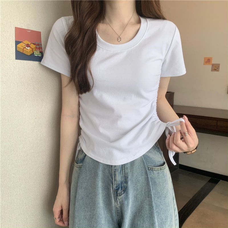 ラウンドネックサイドギャザーTシャツ