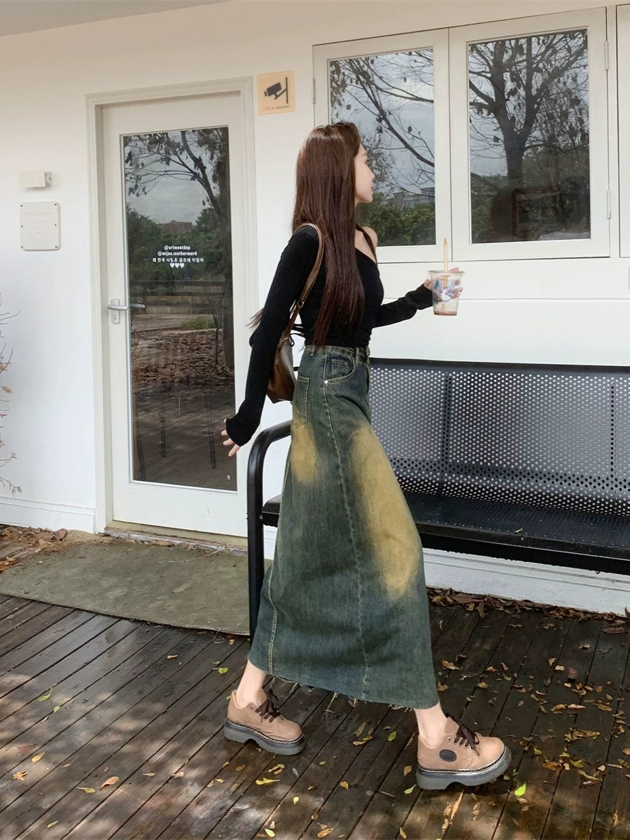 ヴィンテージスリットデニムロングスカート