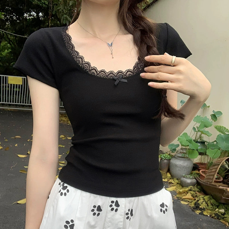 レースリボンリブフィットTシャツ