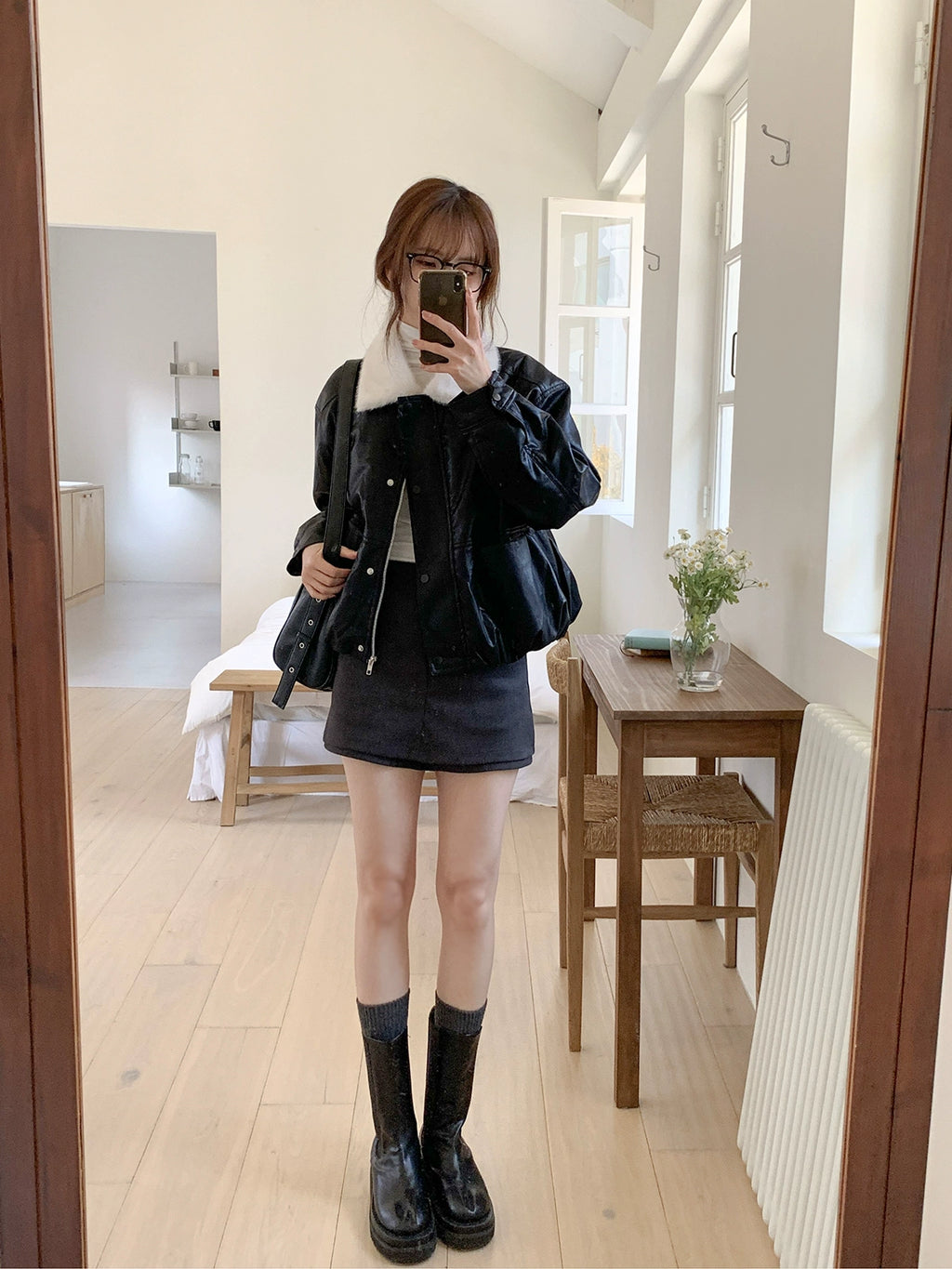 フェイクファーPUレザーショートブルゾン