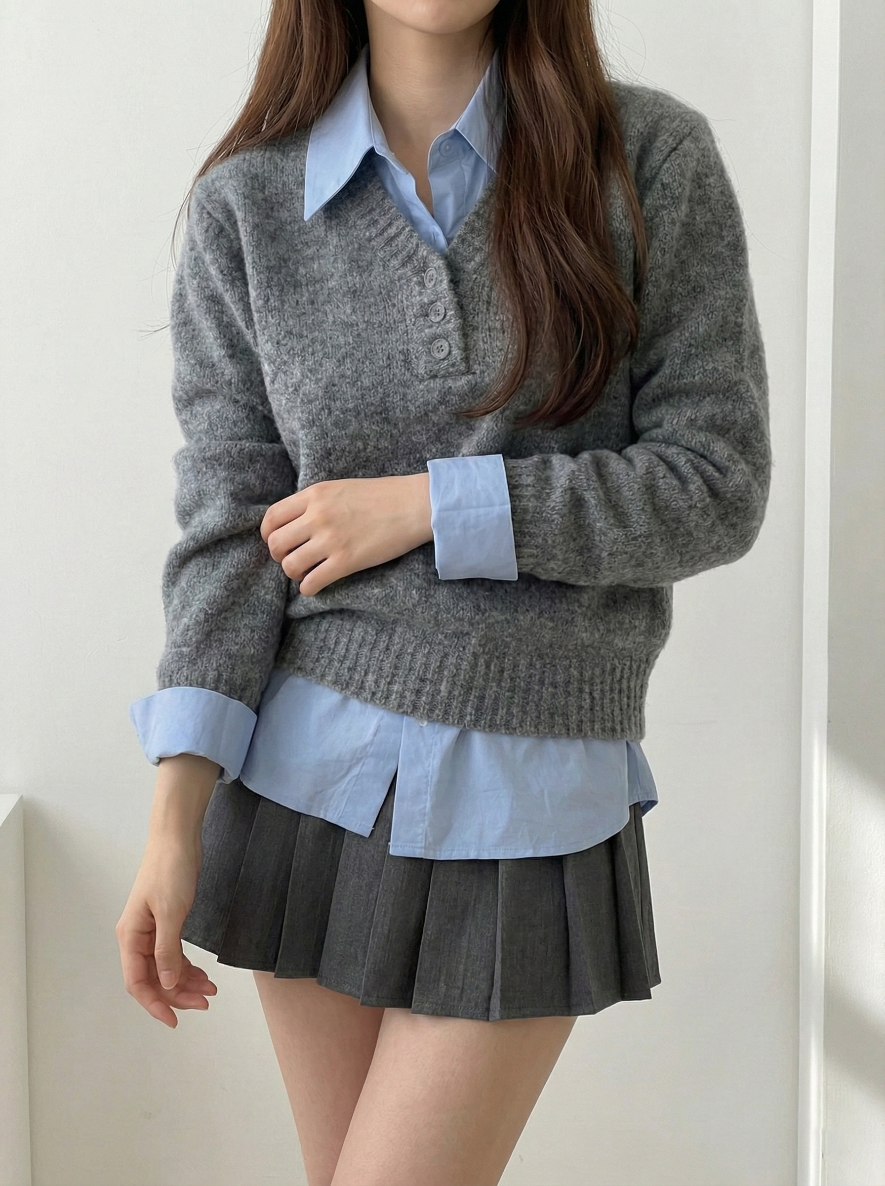 シャツドッキングボタンニット