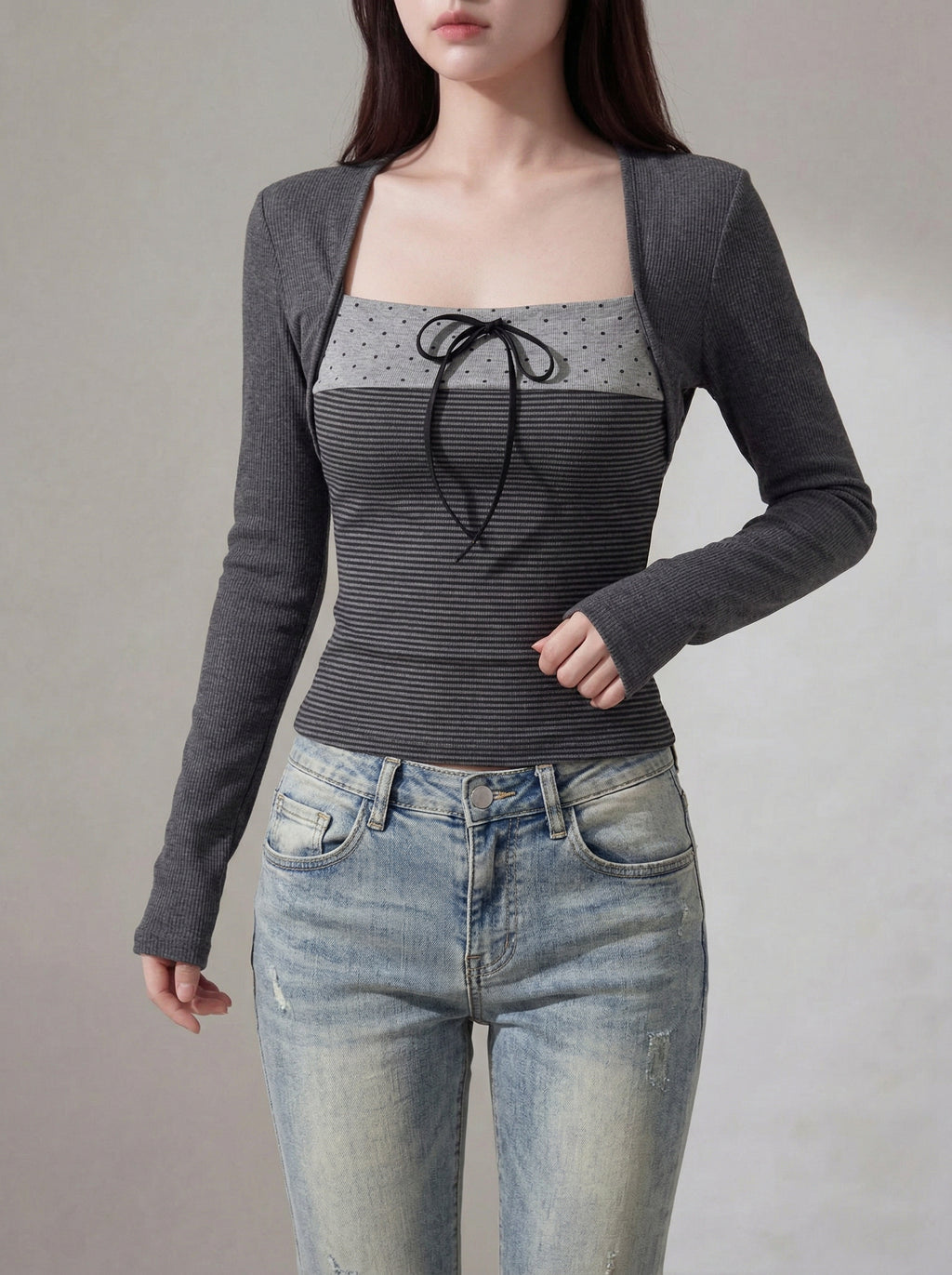 ドッキングレイヤードストライプロングTシャツ