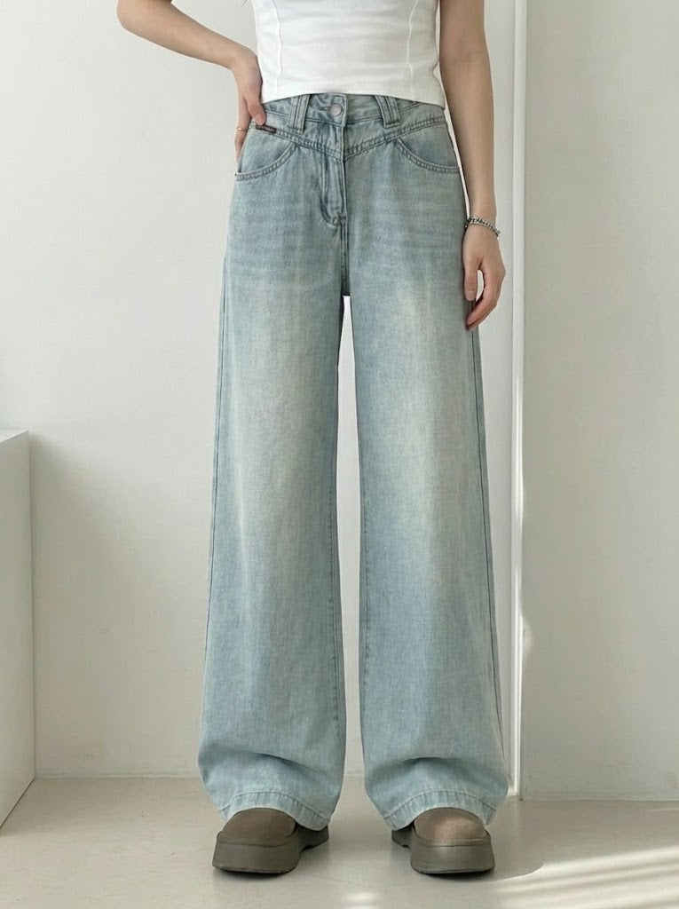 ウエストデザインストレートデニム