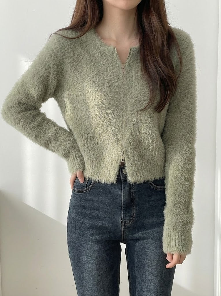 ダブルジップシャギーニットカーディガン